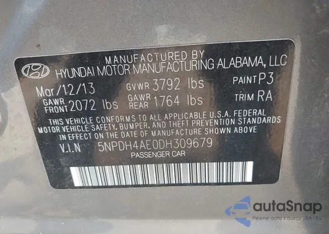 2013 Hyundai Elantra Gls z USA, uszkodzony, nr VIN 5NPDH4AE0DH309679